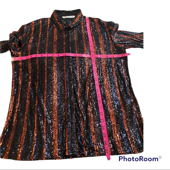 Zara sequin top black and orangey bronze button up shirt size Medium - Picture 12 of 13